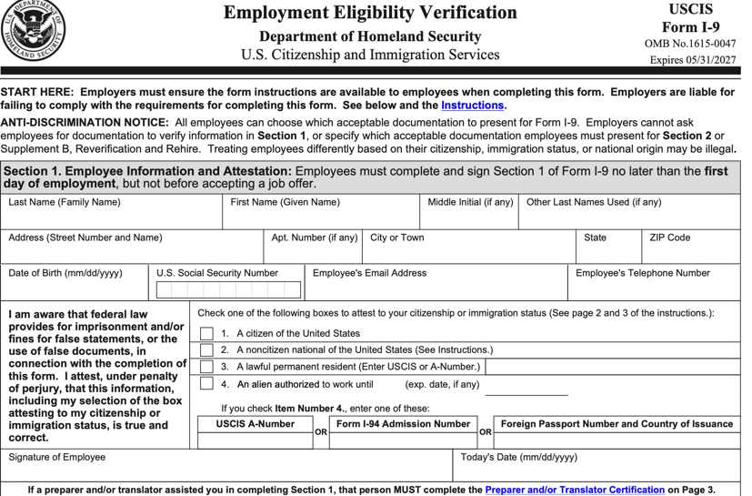 Blank I-9 Form