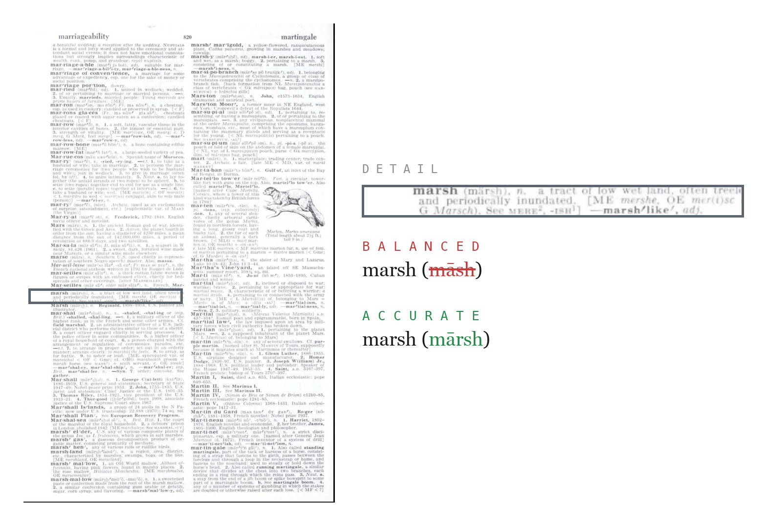 A dense dictionary page where the verification models crop into individual blocks to catch small text mistakes