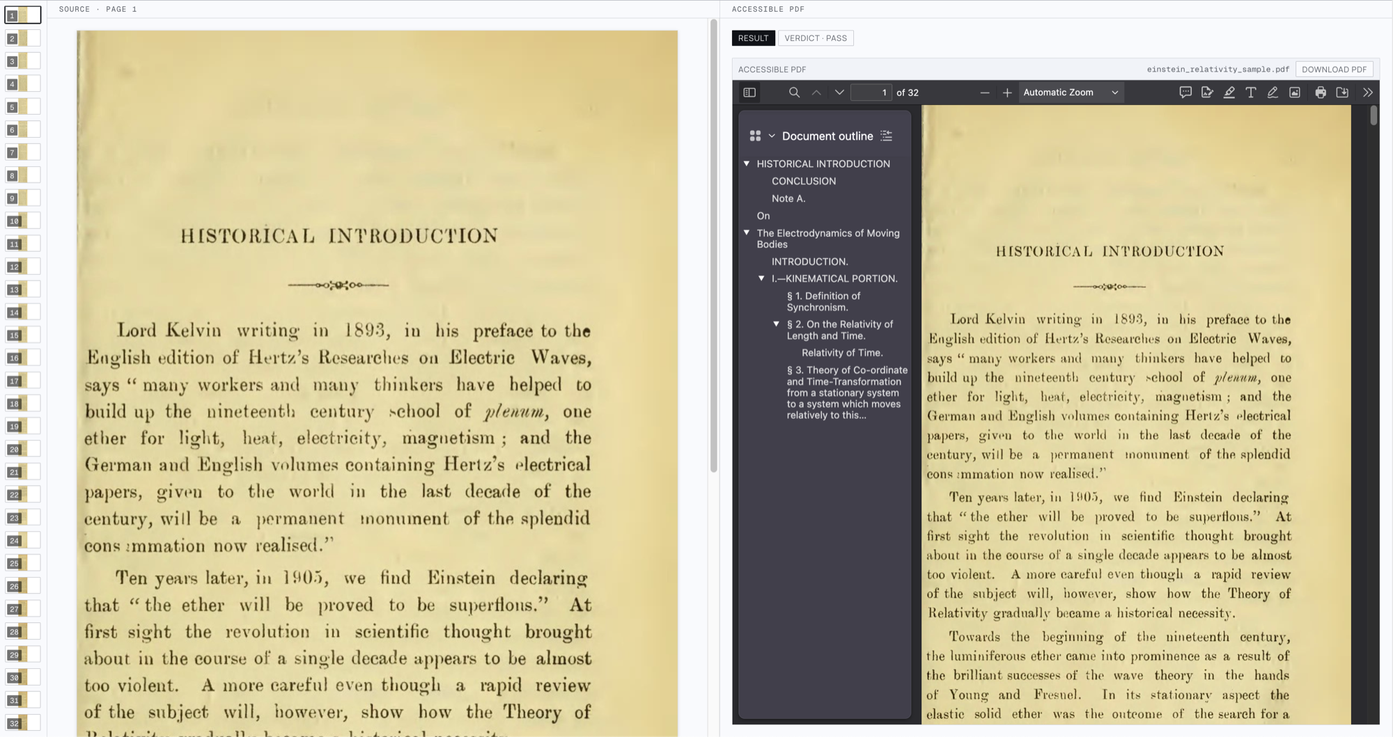 A scanned page of a 1920s printing of The Principle of Relativity beside the accessible PDF built from it, with the document outline panel open showing a nested hierarchy of section headings recovered from the scan.