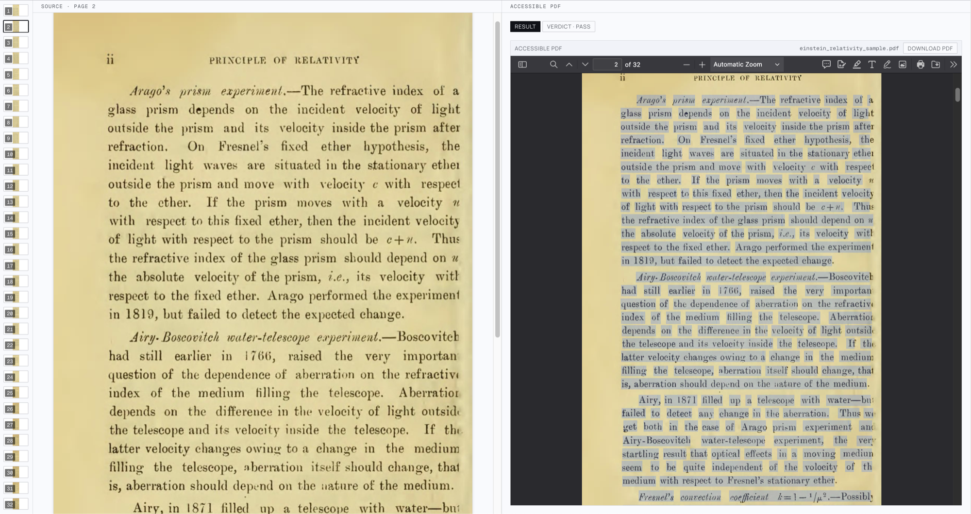 A scanned page of a 1920s printing of The Principle of Relativity beside the accessible PDF built from it, with every word of the invisible text layer selected and highlighted individually. The running head and folio at the top of the page are not highlighted.